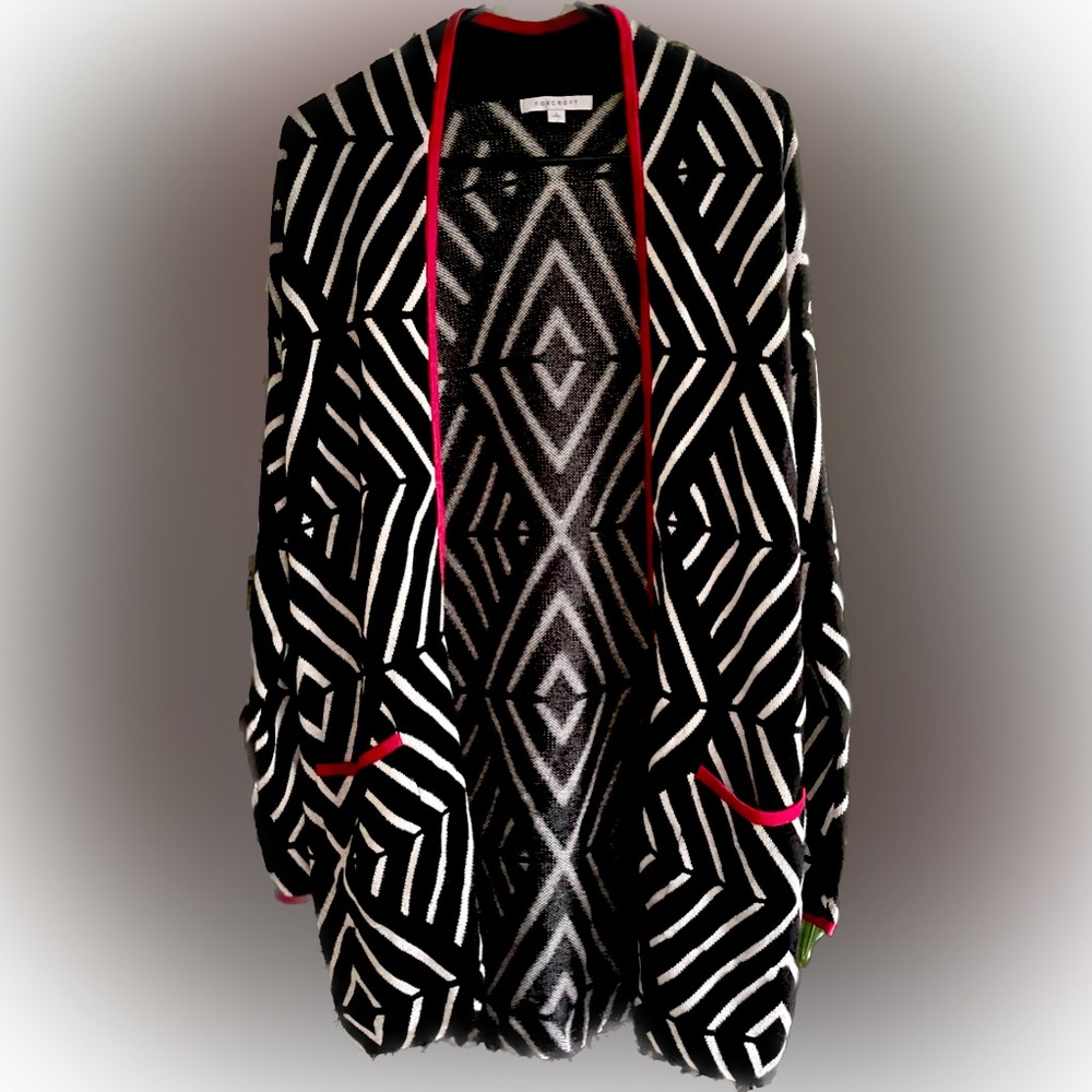 Foxcroft Black and White Geometric Cardigan with Red Trim